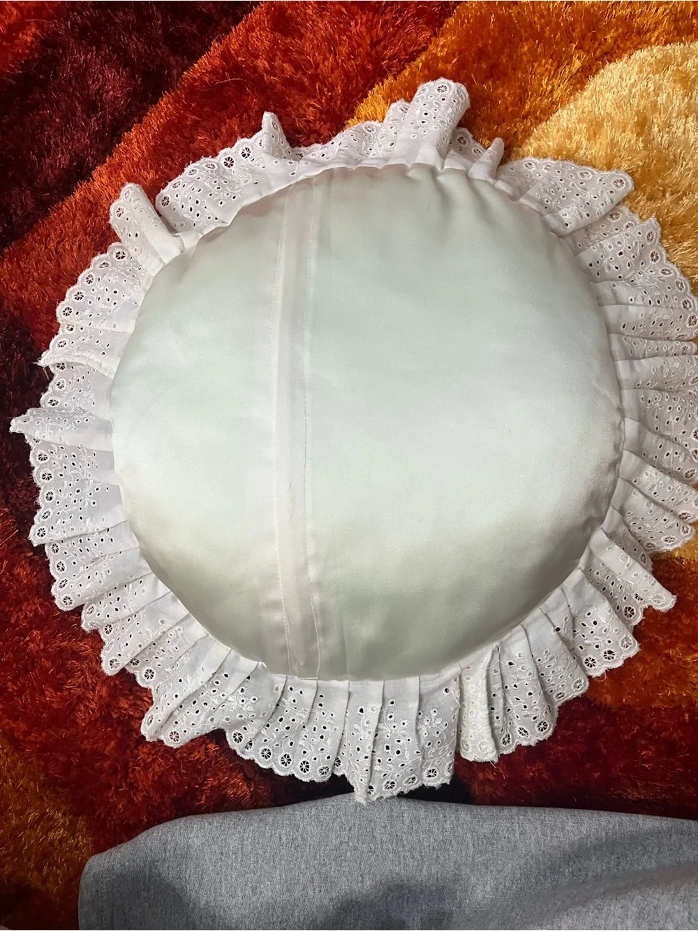 Vintage Blue Floral Embroidered Decorative Pillow with White Eyelet Ruffle